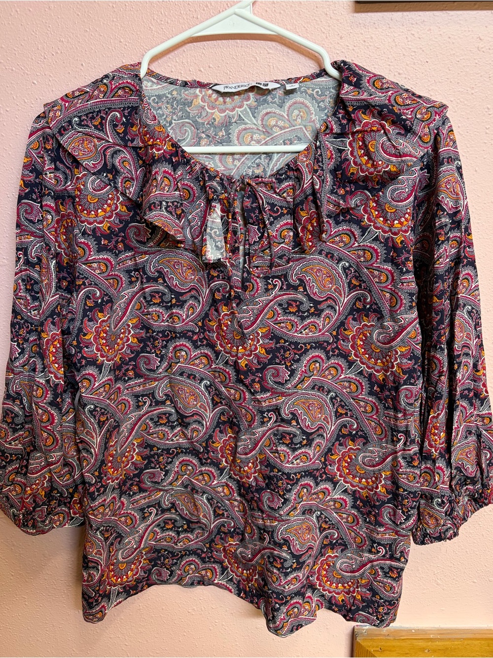JW Anderson Uniqlo Blouse Womens S Paisley V-Neck Navy Blue Pink 3/4 Sleeve Top